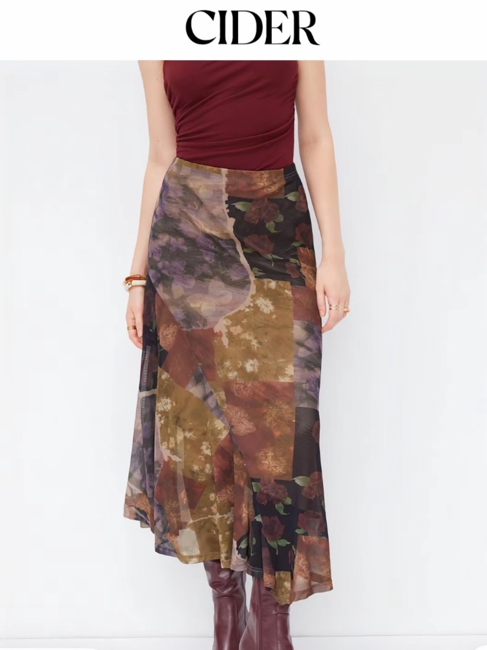 Cider Patchwork Floral A-Line Skirt - Blue & Burgundy Tones - Picture 3 of 3